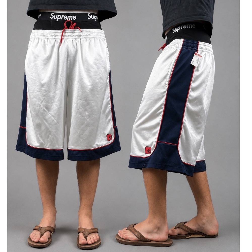 Vintage AND1 Basketball Shorts White Navy Blue Red Y2K Baggy Shiny Satin XL Mens